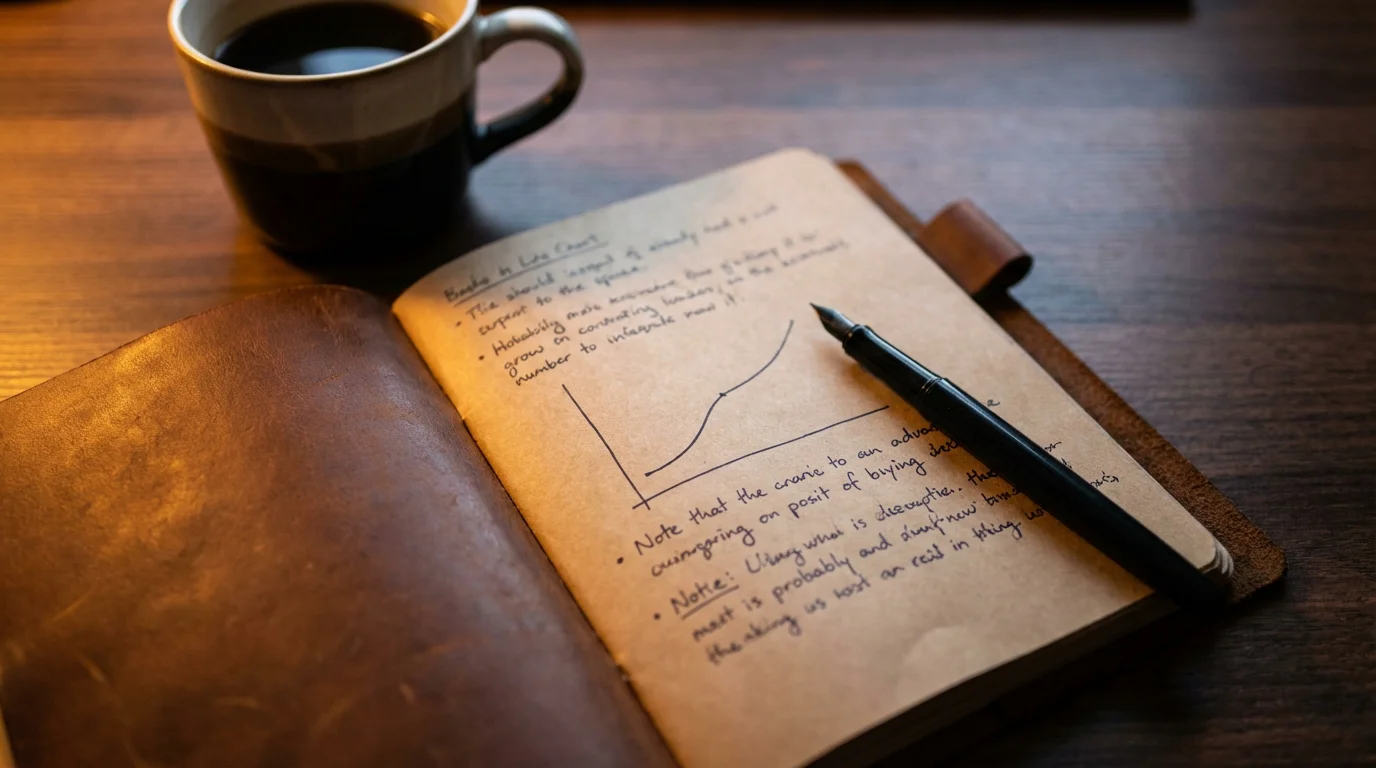 Notizbuch mit handschriftlichen Kelly-Berechnungen und einfachem Liniendiagramm